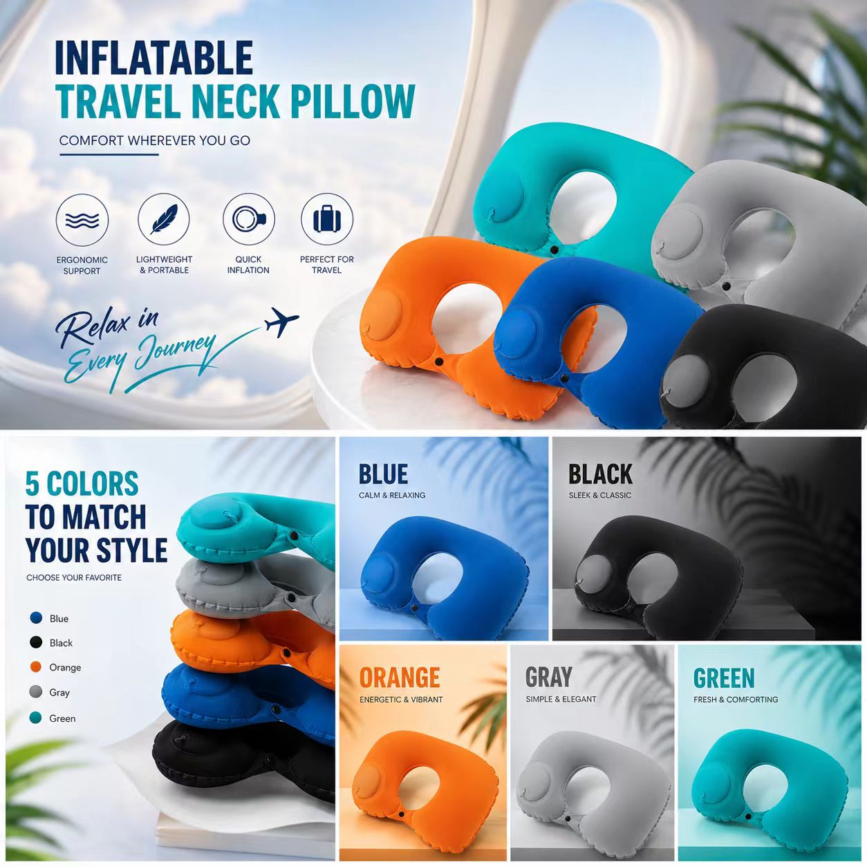 Travel Accessories Pillow - 5 Colors Press Inflatable Pillow Foldable